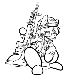 Size: 514x537 | Tagged: safe, artist:cantershirecommons, oc, oc only, oc:timeline, species:pony, cigarette, clothing, costume, dog tags, gun, helmet, long sleeves, m60, machine gun, male, military uniform, nightmare night costume, simple background, sitting, solo, tired, weapon, white background
