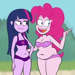 Size: 1200x1200 | Tagged: safe, artist:scobionicle99, character:pinkie pie, character:twilight sparkle, my little pony:equestria girls, bbw, belly button, bikini, breasts, chubbie pie, chubby, chubby twilight, clothing, cute, fat, open mouth, plump, pudgy pie, smiling, swimsuit