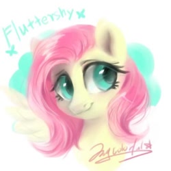 Size: 512x512 | Tagged: safe, artist:oofycolorful, character:fluttershy, species:pony, abstract background, bust, female, looking away, looking sideways, mare, name, portrait, signature, smiling, solo, three quarter view