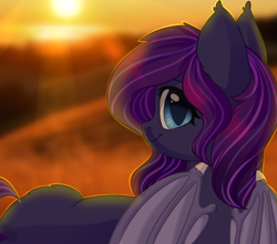 Size: 1000x884 | Tagged: safe, artist:alphadesu, oc, oc only, oc:lucky, species:bat pony, species:pony, bat pony oc, commission, female, looking at you, looking back, looking back at you, mare, smiling, solo, sun, sunset, ych result