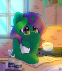 Size: 3500x3999 | Tagged: safe, artist:alphadesu, oc, oc only, oc:buggy code, species:pony, species:unicorn, apron, cabinet, chest fluff, clothing, commission, female, glasses, kitchen, magazine, mare, open mouth, oven, plant, pot, recipe, solo, window, ych result