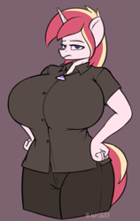 Size: 553x875 | Tagged: safe, artist:askbumpywish, oc, oc only, species:anthro, species:pony, species:unicorn, big breasts, breasts, female, huge breasts, impossibly large breasts, solo