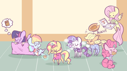 Size: 1280x721 | Tagged: safe, artist:typhwosion, character:applejack, character:fluttershy, character:pinkie pie, character:rainbow dash, character:rarity, character:sunset shimmer, character:twilight sparkle, character:twilight sparkle (alicorn), species:alicorn, species:earth pony, species:pegasus, species:pony, species:unicorn, my little pony:equestria girls, alternate mane seven, book, bow, chibi, clothing, cute, dream, eating, female, flying, food, indoors, levitation, magic, mane six, mare, onesie, pajamas, pillow, pizza, pizza box, pointy ponies, sleeping, slumber party, sneezing, teary eyes, telekinesis, that pony sure does love books, thought bubble