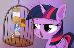 Size: 5100x3300 | Tagged: safe, artist:taurson, character:rainbow dash, character:twilight sparkle, character:twilight sparkle (alicorn), species:alicorn, species:pegasus, species:pony, behaving like a bird, big head, birb, bird cage, cage, commission, duo, duo female, female, micro, open mouth, shrunk, size difference, this will end in jail time