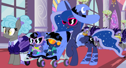 Size: 11000x6000 | Tagged: safe, artist:evilfrenzy, character:princess luna, oc, oc:cruithne, oc:frenzy, parent:oc:frenzy, parent:princess luna, parents:canon x oc, parents:fruna, species:bat pony, species:pony, absurd resolution, age regression, baby, baby pony, bat pony oc, clothing, diaper, foal, fruna, offspring, royal guard, show accurate, stroller, sunglasses, swimsuit