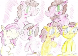 Size: 2779x1992 | Tagged: safe, artist:ptitemouette, oc, oc:cheese cake, oc:cheese party, oc:chocolate cheesecake, oc:confetti surprise, oc:cream jade, oc:surprise, parent:cheese sandwich, parent:pinkie pie, parents:cheesepie, species:pony, kindverse, nonbinary, offspring, siblings