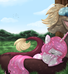Size: 2300x2500 | Tagged: dead source, safe, artist:rainbowscreen, character:discord, character:princess celestia, species:alicorn, species:draconequus, species:pony, ship:dislestia, cewestia, dappled sunlight, eyes closed, female, filly, foal, foal romance, high res, male, pile, pink-mane celestia, shade, shipping, sleeping, straight, tree, younger