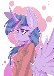 Size: 1358x1920 | Tagged: safe, artist:rariedash, character:twilight sparkle, character:twilight sparkle (alicorn), species:alicorn, species:anthro, g4, abstract background, clothing, colored eyebrows, ear fluff, eyebrows, eyebrows visible through hair, female, hoodie, mare, simple background, solo, spread wings, three quarter view, wings