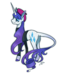 Size: 500x593 | Tagged: safe, artist:probablyfakeblonde, character:rarity, species:classical unicorn, species:pony, species:unicorn, beatnik rarity, beret, clothing, cloven hooves, colored hooves, ear fluff, female, hat, leonine tail, long ears, mare, simple background, smiling, sweater, unshorn fetlocks, white background