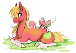 Size: 1000x703 | Tagged: safe, artist:probablyfakeblonde, character:apple bloom, character:big mcintosh, species:earth pony, species:pony, adorabloom, bow, brother and sister, colored hooves, cute, duo, eye contact, female, filly, grass, hair bow, heart, horse, leaning, looking at each other, looking back, male, peeking, prone, realistic, siblings, simple background, socks (coat marking), stallion, straw in mouth, underhoof, unshorn fetlocks, white background