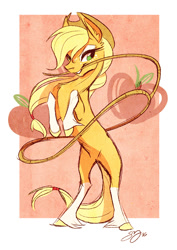 Size: 706x1000 | Tagged: safe, artist:probablyfakeblonde, character:applejack, species:earth pony, species:pony, clothing, colored hooves, cowboy hat, cutie mark background, female, hat, lasso, mare, mouth hold, rearing, rope, socks (coat marking), solo, unshorn fetlocks