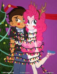 Size: 3090x4000 | Tagged: safe, artist:dieart77, commissioner:imperfectxiii, character:pinkie pie, oc, oc:copper plume, g4, my little pony: equestria girls, my little pony:equestria girls, antlers, blushing, canon x oc, christmas, christmas lights, christmas tree, clothing, commission, copperpie, decoration, freckles, glasses, headband, holiday, neckerchief, pants, pantyhose, reindeer antlers, sandals, shirt, skirt, tangled up, tree
