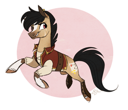 Size: 1000x862 | Tagged: safe, artist:probablyfakeblonde, oc, oc only, species:earth pony, species:pony, belt, boots, clothing, commission, ear piercing, earring, jewelry, looking back, male, piercing, shoes, smiling, stallion