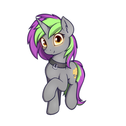 Size: 2000x2000 | Tagged: safe, artist:theparagon, oc, oc:frenzy nuke, species:pony, species:unicorn, 2019 community collab, derpibooru community collaboration, collar, digital art, female, glowing eyes, looking at you, mare, simple background, solo, standing, transparent background