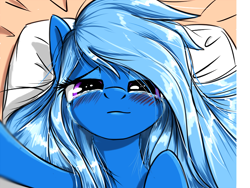 Size: 800x600 | Tagged: safe, artist:madhotaru, character:trixie, species:pony, bedroom eyes, blushing, crying, female, looking at you, mare, messy mane, on back, pov, smiling