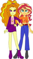 Size: 1846x3248 | Tagged: safe, artist:limedazzle, character:adagio dazzle, character:sunset shimmer, ship:sunsagio, equestria girls:rainbow rocks, g4, my little pony: equestria girls, my little pony:equestria girls, clothing, female, lesbian, pants, reformed villain, shipping, shirt, simple background, smiling, transparent background