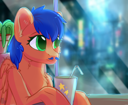Size: 5500x4500 | Tagged: safe, artist:alphadesu, oc, oc only, oc:griffin, species:pegasus, species:pony, abstract background, absurd resolution, bendy straw, blue hair, blue mane, blurred background, cute, digital art, drinking straw, facial hair, green eyes, male, moustache, ocbetes, signature, solo, stallion, straw, ych result