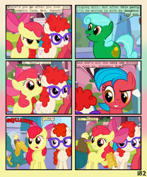 Size: 900x1080 | Tagged: safe, artist:lister-of-smeg, character:apple bloom, character:twist, oc, oc:crosspatch, oc:scavenger (lister-of-smeg), oc:winter squash, species:cockatrice, species:earth pony, species:pony, comic:crystal heart attack, corn, female, food, mare