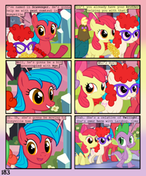 Size: 900x1080 | Tagged: safe, artist:lister-of-smeg, character:apple bloom, character:spike, character:twist, oc, oc:crosspatch, oc:scavenger, oc:scavenger (lister-of-smeg), species:cockatrice, species:earth pony, species:pony, comic:crystal heart attack, corn, female, food, mare