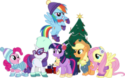 Size: 3095x1937 | Tagged: safe, artist:ironm17, character:applejack, character:fluttershy, character:pinkie pie, character:rainbow dash, character:rarity, character:twilight sparkle, character:twilight sparkle (unicorn), species:earth pony, species:pegasus, species:pony, species:unicorn, episode:best gift ever, g4, my little pony: friendship is magic, beanie, bedroom eyes, christmas, christmas tree, clothing, earmuffs, glasses, grin, happy, hat, holiday, jacket, looking at you, scarf, short-sleeved jacket, simple background, smiling, sweater, transparent background, tree, vector, winter outfit