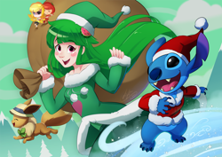 Size: 2200x1555 | Tagged: safe, artist:light262, community related, oc, oc:vanna melon, species:human, christmas, christmas clothing, clothing, commission, crossover, cruise ship, disney, disney cruise, eevee, female, food, happy birthday, holiday, humanized, lilo and stitch, minnie mouse, mouse ears, pokémon, signature, solo, stitch, vannamelon, watermelon, youtube