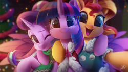 Size: 2000x1125 | Tagged: safe, artist:light262, character:starlight glimmer, character:sunset shimmer, character:twilight sparkle, character:twilight sparkle (alicorn), species:alicorn, species:pony, species:unicorn, g4, c:, cape, cheek fluff, christmas, christmas tree, clothing, cute, dawwww, ear fluff, female, fluffy, glimmerbetes, happy, hnnng, holiday, hug, leg fluff, looking at you, mare, one eye closed, open mouth, right neighborhood, scarf, selfie, shimmerbetes, side hug, smiling, sparkles, sweater, tree, trio, twiabetes, wink