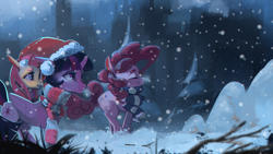 Size: 1920x1080 | Tagged: safe, artist:hierozaki, character:fluttershy, character:pinkie pie, character:twilight sparkle, character:twilight sparkle (alicorn), species:alicorn, species:pony, christmas, clothing, earmuffs, eyes closed, hat, holiday, santa hat, scarf, snow, snowfall, trio