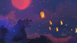 Size: 1920x1080 | Tagged: safe, artist:hierozaki, character:princess luna, species:alicorn, species:pony, beautiful, ethereal mane, female, flowing mane, full moon, galaxy mane, lantern, mare, missing accessory, moon, night, solo, spread wings, wings