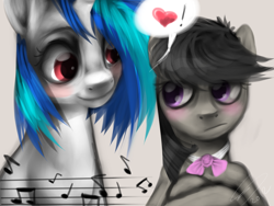 Size: 1400x1050 | Tagged: safe, artist:imalou, character:dj pon-3, character:octavia melody, character:vinyl scratch, species:earth pony, species:pony, species:unicorn, ship:scratchtavia, blushing, female, lesbian, mare, music notes, shipping