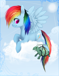 Size: 900x1162 | Tagged: safe, artist:imalou, character:rainbow dash, character:tank, species:pegasus, species:pony, cloud, cloudy, duo, female, mare, prone, sky, smiling