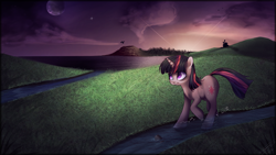 Size: 1920x1080 | Tagged: safe, artist:imalou, character:twilight sparkle, species:pony, species:unicorn, female, mare, ocean, river, scenery, smiling, solo, stream, twilight (astronomy), walking, wallpaper