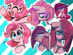 Size: 1600x1200 | Tagged: safe, artist:oofycolorful, character:pinkamena diane pie, character:pinkie pie, species:earth pony, species:pony, bust, eye clipping through hair, eyes closed, female, mare, multeity, open mouth, portrait, solo