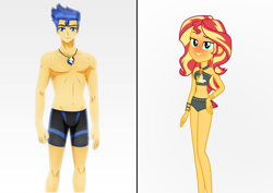 Size: 3200x2263 | Tagged: safe, artist:diegator007, artist:jotakaanimation, artist:jucamovi1992, edit, character:flash sentry, character:sunset shimmer, ship:flashimmer, equestria girls:forgotten friendship, g4, my little pony: equestria girls, my little pony:equestria girls, adorasexy, belly button, bikini, bikini bottom, blushing, bracelet, clothing, crotch bulge, curvy, cute, female, geode of empathy, high res, hourglass figure, jewelry, lidded eyes, looking at you, magical geodes, male, midriff, sexy, shipping, smiling, straight, summer sunset, swimming trunks, swimsuit, wristband