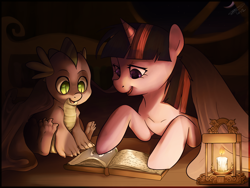Size: 1600x1200 | Tagged: safe, artist:imalou, character:spike, character:twilight sparkle, species:dragon, species:pony, species:unicorn, blanket, book, candle, cute, duo, female, lantern, male, mama twilight, mare, prone, reading