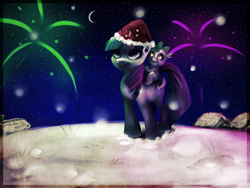 Size: 1600x1200 | Tagged: safe, artist:imalou, character:spike, character:twilight sparkle, species:dragon, species:pony, species:unicorn, christmas, clothing, dragons riding ponies, duo, female, fireworks, hat, male, mare, moon, night, riding, santa hat, smiling, snow, snowfall, stars