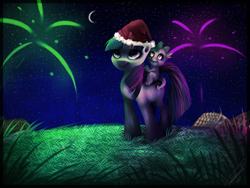 Size: 1600x1200 | Tagged: safe, artist:imalou, character:spike, character:twilight sparkle, species:dragon, species:pony, species:unicorn, christmas, clothing, dragons riding ponies, duo, female, fireworks, grass, hat, male, mare, moon, night, riding, santa hat, smiling, stars