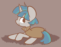 Size: 940x722 | Tagged: safe, artist:typhwosion, character:stygian, species:pony, species:unicorn, brown background, cute, eyebrows, eyebrows visible through hair, male, no pupils, profile, prone, simple background, solo, stallion, stygianbetes