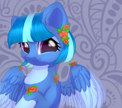 Size: 3600x3200 | Tagged: safe, artist:alphadesu, oc, oc only, species:pegasus, species:pony, abstract background, bust, cheek fluff, chest fluff, colored wings, colored wingtips, cute, ear fluff, female, flower, flower in hair, looking at you, mare, smiling, socks (coat marking), solo, spread wings, wings, ych result