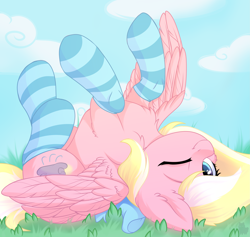 Size: 3237x3072 | Tagged: safe, artist:alphadesu, oc, oc only, oc:bay breeze, species:pegasus, species:pony, bow, chest fluff, clothing, cute, ear fluff, female, hair bow, looking at you, lying in grass, mare, on back, one eye closed, socks, solo, striped socks, upside down, wink, ych result