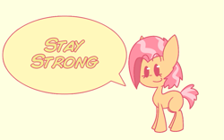 Size: 963x600 | Tagged: safe, artist:typhwosion, character:babs seed, species:earth pony, species:pony, adorababs, beady eyes, blank flank, cute, dialogue, female, positive message, positive ponies, simple background, solo, speech bubble, yellow background