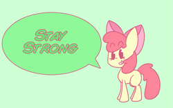 Size: 963x600 | Tagged: safe, artist:typhwosion, character:apple bloom, species:earth pony, species:pony, adorabloom, apple bloom's bow, beady eyes, blank flank, bow, cute, dialogue, female, green background, hair bow, positive message, positive ponies, simple background, smiling, solo, speech bubble