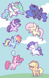 Size: 1206x1920 | Tagged: safe, artist:typhwosion, character:applejack, character:fluttershy, character:pinkie pie, character:princess celestia, character:princess luna, character:rainbow dash, character:rarity, character:twilight sparkle, character:twilight sparkle (alicorn), species:alicorn, species:earth pony, species:pegasus, species:pony, species:unicorn, :3, balloon, butterfly wings, chibi, clothing, cloud, cowboy hat, crown, cute, cutelestia, dashabetes, diapinkes, eyes closed, female, floating, flying, hat, jackabetes, jewelry, lunabetes, mare, open mouth, peytral, raribetes, regalia, shyabetes, sky, then watch her balloons lift her up to the sky, twiabetes