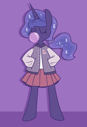 Size: 1280x1858 | Tagged: safe, artist:typhwosion, character:princess luna, species:alicorn, species:pony, alternate hairstyle, bubblegum, clothing, cute, ethereal mane, eyes closed, female, food, galaxy mane, gum, hooves in pockets, letterman jacket, lunabetes, pleated skirt, ponytail, semi-anthro, skirt, solo