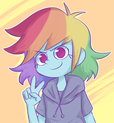 Size: 1107x1187 | Tagged: safe, artist:typhwosion, character:rainbow dash, species:human, alternate hairstyle, clothing, cute, dashabetes, female, haircut, hoodie, humanized, no pupils, peace sign, solo