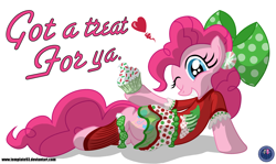 Size: 4350x2600 | Tagged: safe, artist:template93, character:pinkie pie, bow, clothing, cupcake, female, hair bow, heart, one eye closed, solo, text, wink