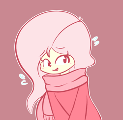 Size: 1262x1229 | Tagged: safe, artist:typhwosion, character:fluttershy, species:human, blushing, clothing, cute, female, humanized, red background, scarf, shyabetes, simple background, solo