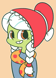 Size: 869x1218 | Tagged: safe, artist:typhwosion, character:granny smith, species:human, adorasmith, bonnet, braid, clothing, cute, female, humanized, smiling, solo, young granny smith, younger