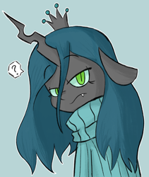 Size: 1280x1514 | Tagged: safe, artist:typhwosion, character:queen chrysalis, species:changeling, blue background, bust, changeling queen, clothing, crown, cute, cutealis, dialogue, female, floppy ears, jewelry, question mark, regalia, simple background, slit eyes, solo, speech bubble, sweater, turtleneck