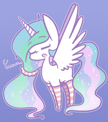 Size: 1124x1270 | Tagged: safe, artist:typhwosion, character:princess celestia, species:alicorn, species:pony, blue background, clothing, cute, cutelestia, ethereal mane, eyes closed, female, hairband, mare, missing cutie mark, simple background, socks, solo, sparkly mane, striped socks, yawn