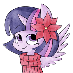 Size: 1280x1290 | Tagged: safe, artist:typhwosion, character:twilight sparkle, character:twilight sparkle (alicorn), species:alicorn, species:pony, alternate hairstyle, bust, clothing, cute, female, flower, flower in hair, haircut, mare, simple background, solo, sweater, turtleneck, twiabetes, white background
